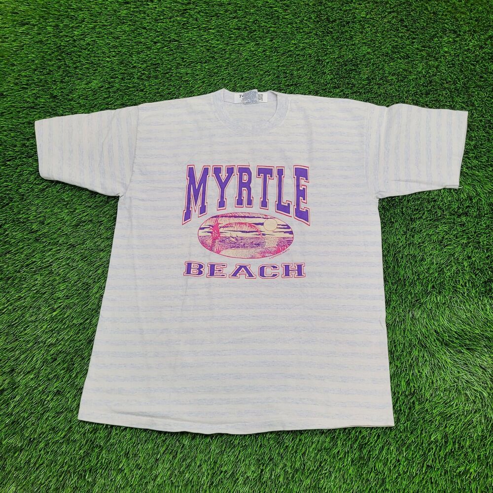 Vintage 90s Myrtle Beach Stripes Shirt Women L/XL 21x27 Blue